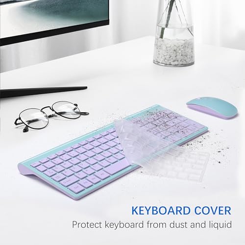 Wireless Keyboard and Mouse Ultra Slim Combo, TopMate 2.4G Silent Compact USB 2400DPI Mouse and Scissor Switch Keyboard Set with Cover, Batteries Included, for PC/Laptop/Windows/Mac - Blue Purple - color: Blue Purple