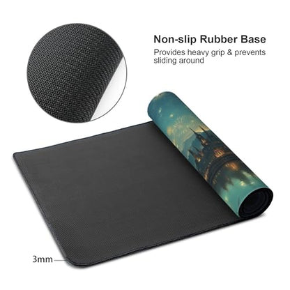 Castle Fireworks XXL Gaming Mouse Pad, Fantasy Night Sky Design with Cat Silhouette, Extended Desk Mat, Non-Slip Base, Stitched Edges 35.4" x 15.7" - color: Black Cat Castle Night View