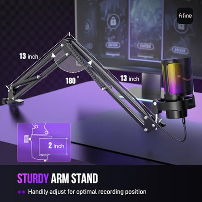 FIFINE AmpliGame A8T USB Gaming Microphone, PC Condenser Mic with Boom Arm | Quick Mute, Gain Knob, RGB Control, Headphone Jack, for PC/PS5 Streaming Discord Twitch Recording Podcasts YouTube, Metal - size: A8T-Boom Arm