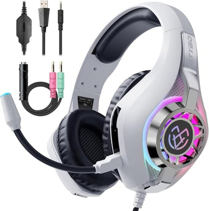 Tatybo Gaming Headset for PS5 PC, Noise Canceling Mic, RGB, White | Over Ear, Deep Bass Stereo Sound for FPS, Battle Royale, Lightweight for Xbox, PS4, Mobile, Nintendo, 3.5mm devices - color: WHITE