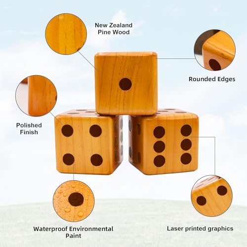 SunNordic Giant Dice Yard Game – 6 Large Wooden Outdoor Dice Set with Scoreboard & Portable Collapsible Bucket – Classic Backyard Lawn Game for Adults, Kids & Family