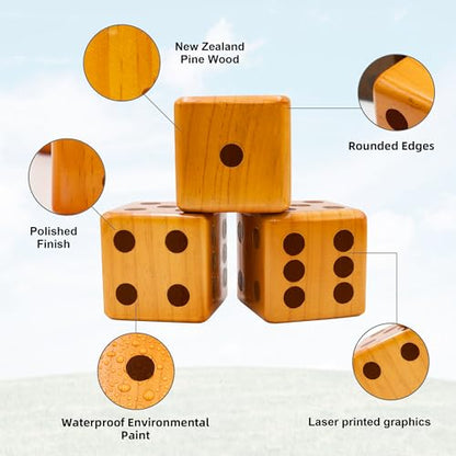 SunNordic Giant Dice Yard Game – 6 Large Wooden Outdoor Dice Set with Scoreboard & Portable Collapsible Bucket – Classic Backyard Lawn Game for Adults, Kids & Family