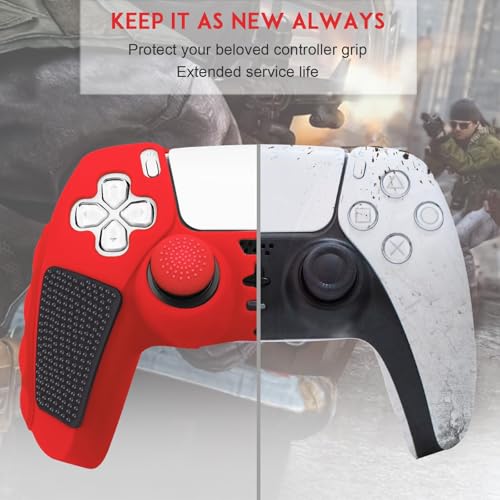 SIKEMAY Anti-Slip PS5 Controller Skin, Soft Thicken Non-Slip Studded Silicone Gel Grip Protective Cover Case for PlayStation 5 Controller Grip, 2 Pack with 8 x Thumb Grip Caps - color: Red-Black