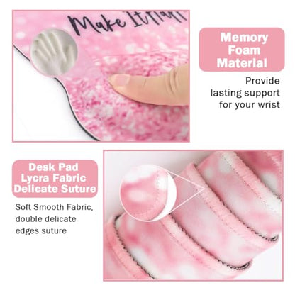 4-in-1 Gaming Mouse Pad Wrist Support Set，Desk Pad + Mouse Pad with Wrist Rest + Keyboard Wrist Rest + Coaster, Ergonomic Design for Home Office Study Game - Pink Stay Positive - color: 4 Pcs Pink Stay Positive