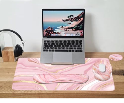 4-in-1 Gaming Mouse Pad Wrist Support Set，Desk Pad + Mouse Pad with Wrist Rest + Keyboard Wrist Rest + Coaster, Ergonomic Design for Home Office Study Game - Pink Fluid - color: 4 Pcs Pink Marble