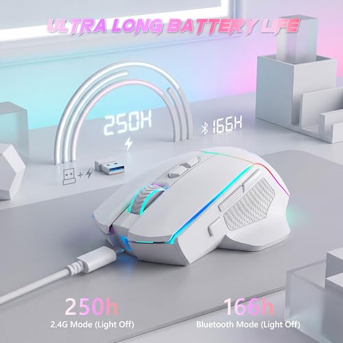 Redragon Wireless Gaming Mouse, Tri-Mode 2.4G/Bluetooth/USB-C, 7 Programmable Buttons, Tactile Rapid Fire Key, 24000 DPI RGB Ergonomic Mouse for PC Windows Gaming & Work, M814W - color: White