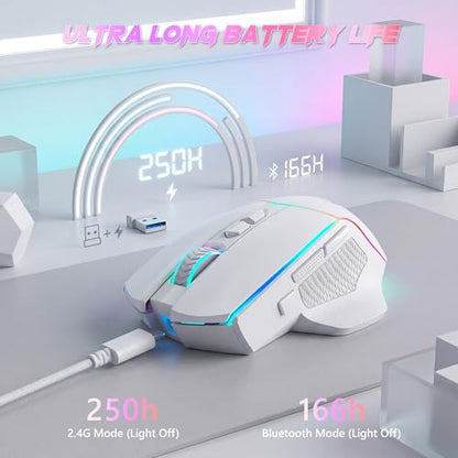 Redragon Wireless Gaming Mouse, Tri-Mode 2.4G/Bluetooth/USB-C, 7 Programmable Buttons, Tactile Rapid Fire Key, 24000 DPI RGB Ergonomic Mouse for PC Windows Gaming & Work, M814W - color: White