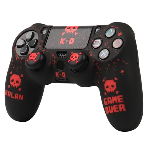 RALAN Pixelated Skull Design Controller Skin Cover with 2 Thumb Grips Compatible with PS4/Playstation 4 Slim/Pro Controller - color: Pixelated Skull Black Red