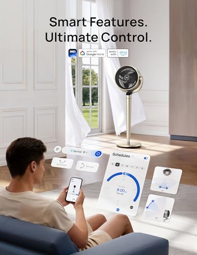 Dreo Pedestal Fan with Smart Control, 43'' Inches, 150°+120° Omni-Directional Oscillating Quiet Fans for Bedroom, 110ft Circulator Fan with DC Motor, 9 Speeds, 6 Modes, 12H Timer, Wi-Fi/Voice/Alexa - color: Gold