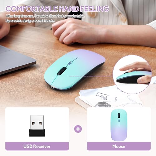 Wireless Bluetooth Mouse,LED Dual Mode Rechargeable Silent Slim Laptop Mouse,Portable(BT5.2+USB Receiver) Dual Mode Computer Mice,for Laptop,Desktop Computer,ipad Tablet,Phone,Mac(Green purple) - color: Gradient Green purple