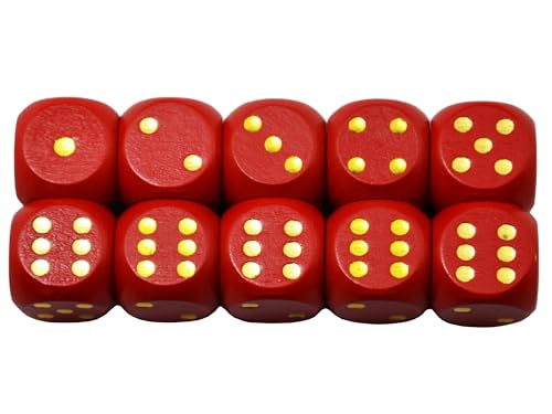 Set of 10 16MM Six Sided D6 Round Wooden Dice Set (red) - color: Red