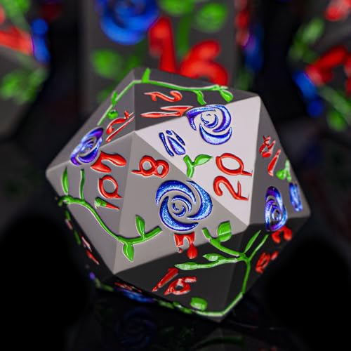Gothic DND Dice Set Bleeding Rose Metal D and D Dice for use with Dungeons Dragons D&D Role Playing Game, Purple Blue RPG Blood Polyhedral Dice Set D20 D12 D10 D8 D6 D4 - color: Purplish Blue&black&red Numbers