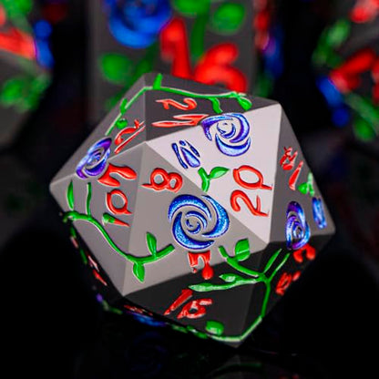 Gothic DND Dice Set Bleeding Rose Metal D and D Dice for use with Dungeons Dragons D&D Role Playing Game, Purple Blue RPG Blood Polyhedral Dice Set D20 D12 D10 D8 D6 D4 - color: Purplish Blue&black&red Numbers