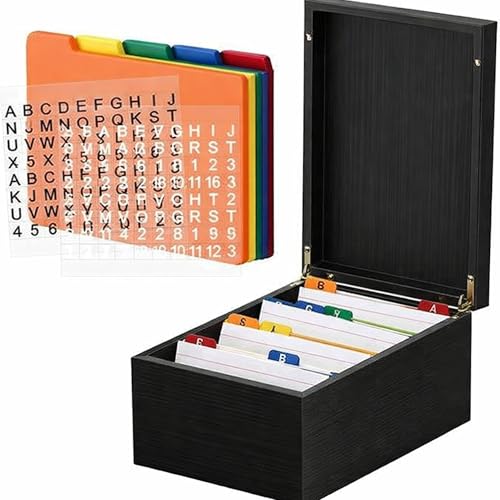 Henoyso 4 x 6 Inch Index Card Holder Set, Bamboo Organizer Box with 50 Dividers & 2 Sheets Alphabet Number Stickers File Note Holders, Holds 1200 Cards for Office Business Home Kitchen, Black - color: Black, size: 4 x 6 Inches