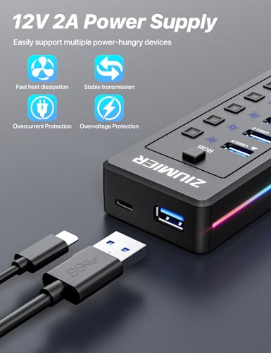 Powered USB Hub, 10-Port USB Splitter with RGB LED Strip | 5Gbps Data Transfer,Individual LED On/Off Switches and 12V/2A Power Adapter for Laptop, PC, Mouse, Keyboard, Hard Drive - style: 10 PORT