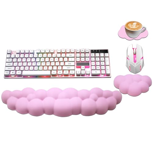 Cloud Wrist Rest Keyboard, Ergonomic Cloud Keyboard Wrist Rest Pad Set | PU Leather Memory Foam Wrist Rest for Computer Keyboard, Cute Arm Rest for Palm Support for Gaming, Office, Computer, Pink - color: Pink