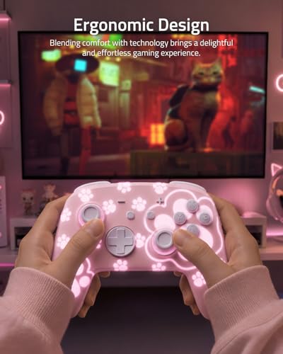 Switch Pro Controller Wireless Compatible with Nintendo Switch 2/OLED/Lite, Grily Hall Effect Controller, Firefly Bluetooth Remote Gamepad Controles Pink with 7 LED Colors/Paddle/Turbo- Cat Paw Pattern - color: Pink