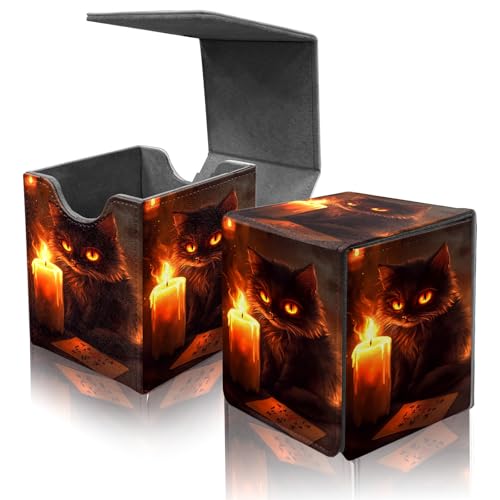 Card Deck Box for MTG Commander,Collectible Trading Storage Box Fits 120+ Single Sleeved Cards Magnetic Case PU Leather for Magic Commander TCG CCG MTG,Candle Cat Fire - color: Candle Cat Fire