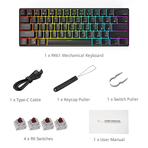 RK ROYAL KLUDGE RK61 60% Mechanical Keyboard with Coiled Cable, 2.4Ghz/Bluetooth/Wired, Wireless Bluetooth Mini Keyboard 61 Keys, RGB Hot Swappable Blue Switch Gaming Keyboard with Software - Black - color: Black, size: Hot-swappable Blue Switch