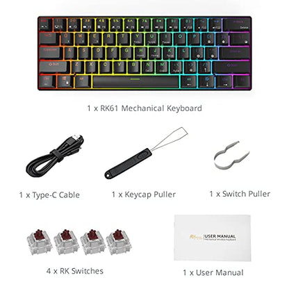 RK ROYAL KLUDGE RK61 60% Mechanical Keyboard with Coiled Cable, 2.4Ghz/Bluetooth/Wired, Wireless Bluetooth Mini Keyboard 61 Keys, RGB Hot Swappable Blue Switch Gaming Keyboard with Software - Black - color: Black, size: Hot-swappable Blue Switch