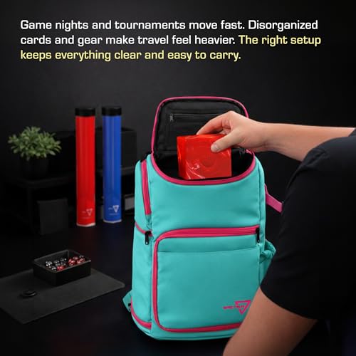 BCW Spectrum TCG Backpack | Holds 7–9 Prism Deck Cases | Configurable Storage for Cards & Gear | Playmat Strap & Side Pocket | Durable & Travel-Friendly Design | Cyber Pink/Teal - color: Cyber Pink/Teal