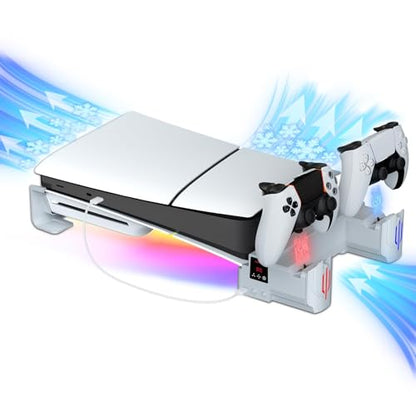 Slim Horizontal Stand Compatible with Slim Disc & Digital Version Dual Use Charging Station with Multi-Mode RGB Light with 3-Level Cooling Fan,White