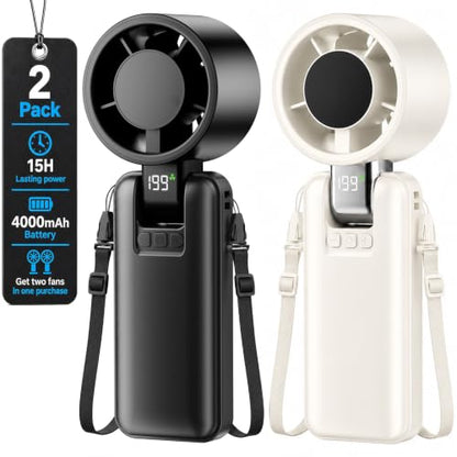 2 Pack Portable Mini Handheld Fan, 199-Level Speed, Black+White | 4000mAh Rechargeable Battery, Quiet, LED Digital Display, Personal Cooling Turbo Fan for Travel, Office, Makeup & Concerts - color: Black+White