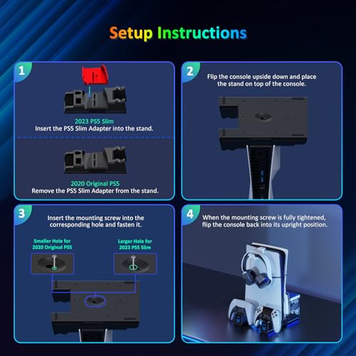 NexiGo PS5 Silent Cooling Stand for Both PS5 and New PS5 Slim Consoles, RGB LED Light, Dual Charging Station, Compatible with Dual_Sense Edge Controller, Hard Drive, Headset and Remote Holder, Black