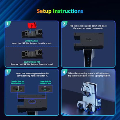 NexiGo PS5 Silent Cooling Stand for Both PS5 and New PS5 Slim Consoles, RGB LED Light, Dual Charging Station, Compatible with Dual_Sense Edge Controller, Hard Drive, Headset and Remote Holder, Black