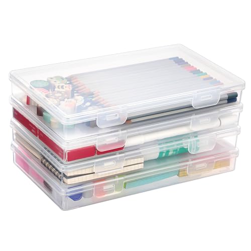 BTSKY Clear Plastic Storage Box with Flap Lid, 4 Pack - 9.8"x5.9"x1.2" | Multipurpose Craft Organizers and Storage Box Art Supply Storage Organizer Plastic Sewing Box for Beads Pencils Sticky Notes - size: Medium Small-4 Pack
