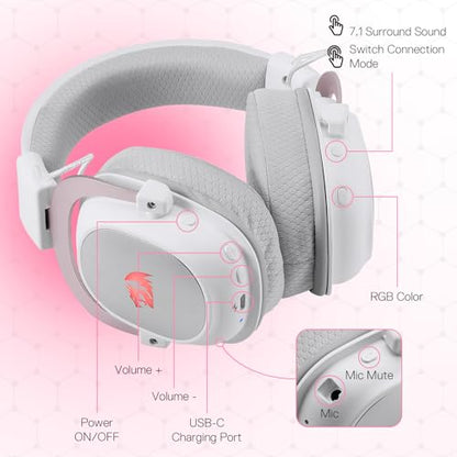 Redragon H510 PRO 3-Mode RGB Gaming Headset - 7.1 Surround Sound - 53MM Audio Drivers in Memory Foam Ear Pads w/Durable Fabric Cover- Multi Platforms Headphone - USB Powered for PC/PS4/NS - color: White Wireless H510 PRO
