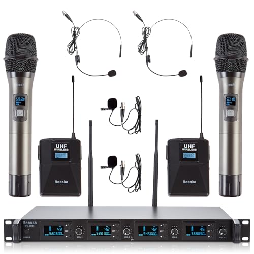4 Channel Wireless Microphone System UHF 2 Cordless Handheld Mics and 2 Lavalier Headset Mics for Karaoke Church Speaking Conference Meeting Party, 4x25 Adjustable Frequency (2 Handheld + 2 Bodypack) - size: 2 Handheld + 2 Bodypack