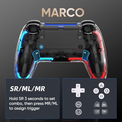 BETMI Wireless Controller for PS5, Pro/Slim/MAC/Steam Deck/PC (Transparent) | Hall Effect Joysticks,Dual Vibration, Marco/Turbo, 3.5mm Audio Jack, 6-Axis Gyro, LED Gamepad with Speaker, L Red R Blue