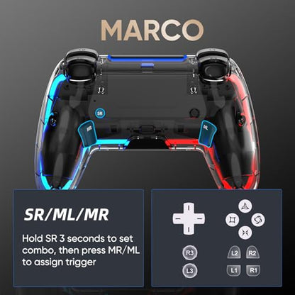 BETMI Wireless Controller for PS5, Pro/Slim/MAC/Steam Deck/PC (Transparent) | Hall Effect Joysticks,Dual Vibration, Marco/Turbo, 3.5mm Audio Jack, 6-Axis Gyro, LED Gamepad with Speaker, L Red R Blue