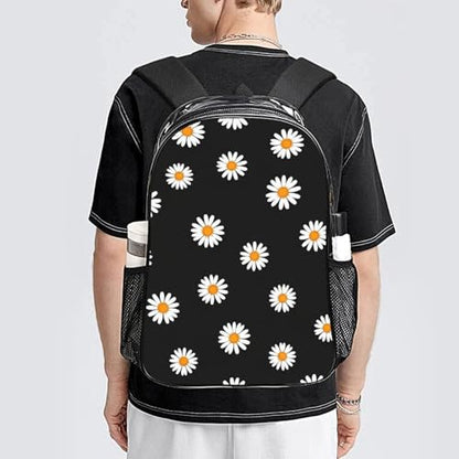 Stadium Approved Clear PVC Backpack Reinforced Straps | Water Resistant, Daisy Black, Stadium Approved, Transparent Beach Bag, with Mesh Side Storage Pockets - color: Pattern (510)