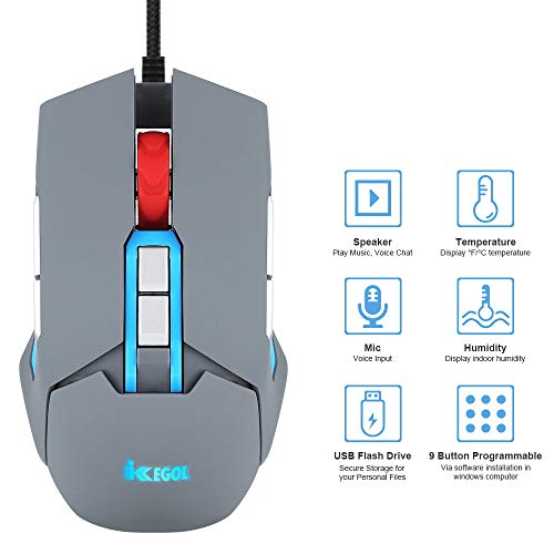 iKKEGOL USB Gaming Mouse with Mouse Pad, 9 Programmable Buttons,with Speaker, Microphone,Temperature and Humidity Display, 16G U Flash Drive RGB Breathing Light Wired Computer Mouse PC Gaming Mice