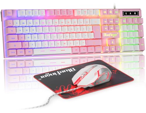 BlueFinger RGB Gaming Keyboard and Backlit Mouse Combo, USB Wired, LED Gaming Set for Laptop PC Computer Game and Work (Pink & White) - color: Pink & White