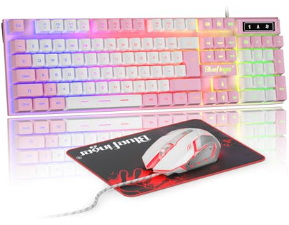 BlueFinger RGB Gaming Keyboard and Backlit Mouse Combo, USB Wired, LED Gaming Set for Laptop PC Computer Game and Work (Pink & White) - color: Pink & White