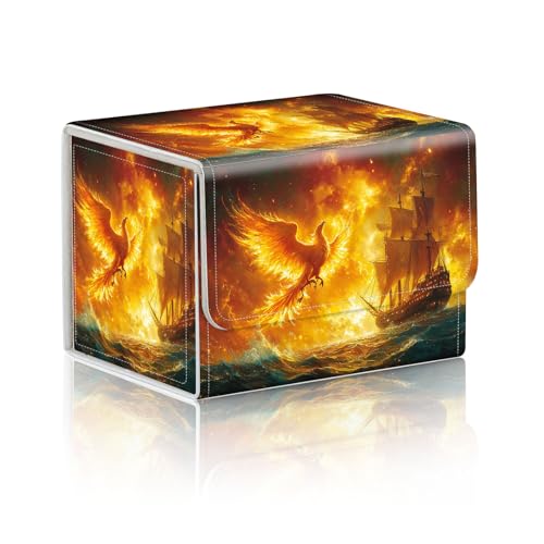 Trading Card Storage Box, Holds 100+ for MTG Cards, PU Leather with Magnetic Closure, Phoenix and Sailing Ship in Fiery Sky Durable Deck Box for Magic the Gathering, Trading Card Games - color: Phoenix and Sailing Ship in Fiery Sky