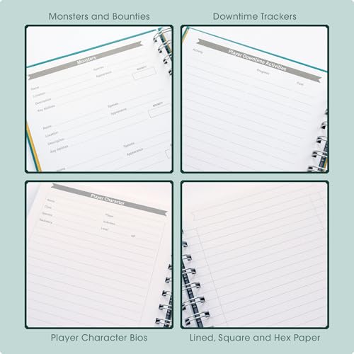 Roll & Play Press Game Master's Quest Notebook: 120 page, A5 hardback world-building journal for character, setting and plot notes, with lined, gridded and hex paper