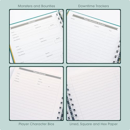 Roll & Play Press Game Master's Quest Notebook: 120 page, A5 hardback world-building journal for character, setting and plot notes, with lined, gridded and hex paper