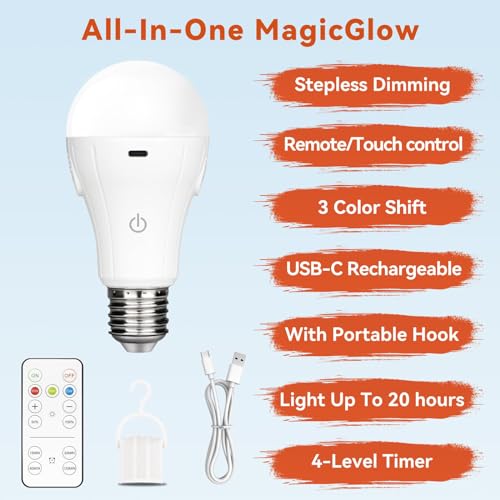 Neporal MagicGlow Rechargeable Light Bulbs with Remote, 3 Colors Shift + Stepless Dimmable Battery Light Bulbs, USB Rechargeable, A19, Up to 24 Hours (3000-6000K, 1, Count)