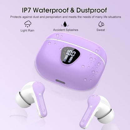 Wireless Earbuds, Bluetooth 5.4 Headphones HiFi Stereo, Bluetooth Earbuds with ENC Noise Cancelling Mic, IP7 Waterproof in Ear Earphones, 48H, LED Display Ear buds for Pad Workout Sports, Purple - color: Purple