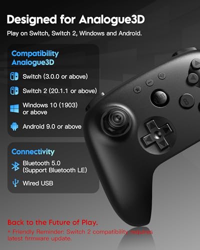 8Bitdo 64 Bluetooth Controller for Analogue 3D, Switch, Switch 2, Windows, Android – Hall Effect Joystick, Vibration, Turbo Function – Black - color: Black