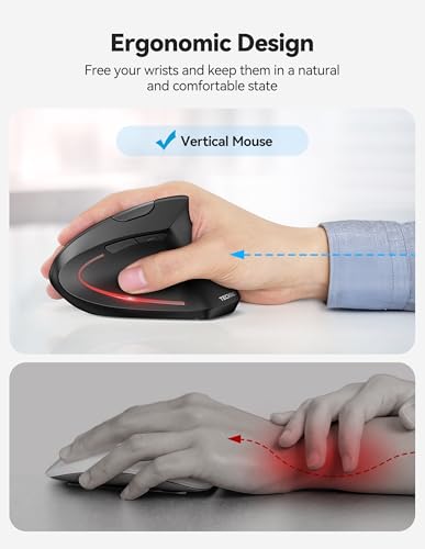 TECKNET Ergonomic Mouse with Jiggler, Bluetooth Wireless Vertical Mouse, 4800DPI Rechargeable Carpal Tunnel Mouse, Undetectable Random Movement Keeps Computers Awake for PC, Laptop, Mackbook | Built-in Jiggler Mover, Bluetooth+2.4G, Wireless Moving Mouse,