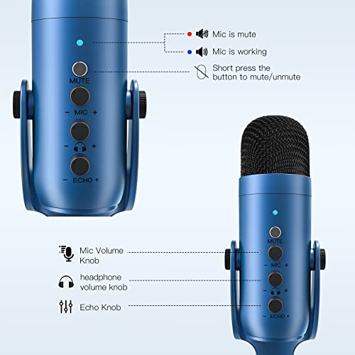 ZealSound Podcast Microphone for PC, Noise Cancellation USB Mic with Gain, Volume Adjustment & Mute Button, Monitoring & Echo, for YouTube, TikTok, Podcasting, Streaming, iPhone, iPad, Android(Blue) - color: Blue