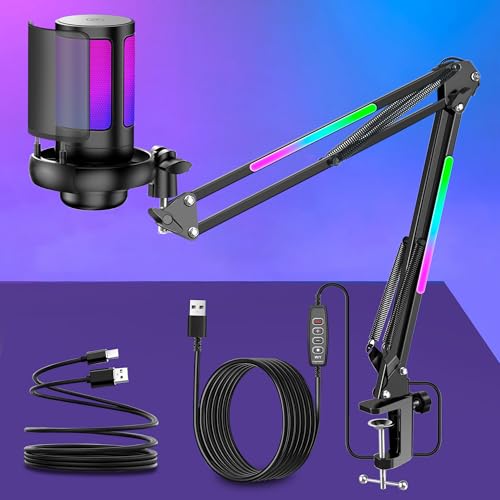 KingSom Gaming USB Micrphone,Noise Cancellation Condenser Mic with RGB Boom Arm,Podcast Microphones RGB Computer Mic,Streaming Microphone with Pop Filter,Mute Button,Gain for Recording,Discord,Youtube
