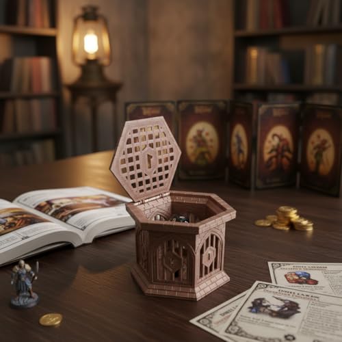 Dice Jail with Secure Clip-On Lid - Fun Dungeon Cage Prison for Tabletop RPG Polyhedral Dice Games (Includes Free 7-Piece Polyhedral Dice Set) (Marble) - color: Marble Color