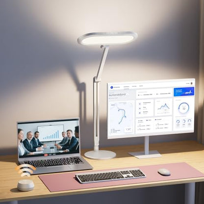 Premium LED Desk Lamp, Dual-Sided Soft Lighting with Knob Remote | Eye-Caring Diffused Light for Home Office, Video Conferencing, Zoom, Reading, Study, Craft, Stepless Dimming & Color, Memory - color: White