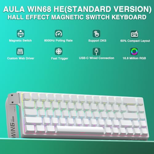 AULA WIN68 HE Mechanical Gaming Keyboard 60%, Hall Effect Magnetic Switch, Fast Trigger Mode Adjustable Actuation, 8000Hz Polling Rate, RGB Backlit, Wired White Keyboard for Laptop/PC Gamer - color: White-standard version